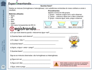 Ciências-9.ºAno
2.ºBIMESTRE/2013
pt.scribd.com
Realize as misturas (homogêneas e heterogêneas) com substâncias conhecidas do nosso cotidiano e anote o
resultado.
Materiais utilizados
• água;
• sal;
• areia;
• óleo;
• prego;
• três copos transparentes de 200 ml.
Quantas fases?
Procedimentos
Separe a turma em três grupos.
1º grupo - misturar a água com o sal e observar;
2 º grupo - misturar a água com o óleo e observar;
3º grupo - misturar água, areia, prego e observar.
a) O que você observa quando misturarmos água +sal? _________________________________
b) Quantas fases você observa? _____________________________________
c) E a água + óleo ? _______________________________________
d) Quantas fases? _____________________________________
e) Agora, a água + areia + prego? _________________________________
f) Quantas fases? ______________________________________
algosobre.com.br
Diga se as misturas observadas são homogêneas ou heterogêneas:
g) Água com sal _________________________________
h) Água com óleo ________________________________
i) Água, areia e prego ____________________________
Muito cuidado ao manusear materiais nos experimentos.
Toda experimentação deve contar com a participação
do seu Professor ou de um adulto.
13
 