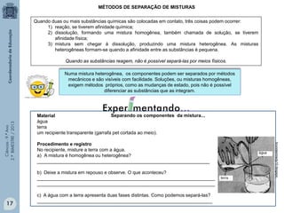 Ciências-9.ºAno
2.ºBIMESTRE/2013
Quando duas ou mais substâncias químicas são colocadas em contato, três coisas podem ocorrer:
1) reação, se tiverem afinidade química;
2) dissolução, formando uma mistura homogênea, também chamada de solução, se tiverem
afinidade física;
3) mistura sem chegar à dissolução, produzindo uma mistura heterogênea. As misturas
heterogêneas formam-se quando a afinidade entre as substâncias é pequena.
Quando as substâncias reagem, não é possível separá-las por meios físicos.
MÉTODOS DE SEPARAÇÃO DE MISTURAS
Separando os componentes da mistura...Material
água
terra
um recipiente transparente (garrafa pet cortada ao meio).
Procedimento e registro
No recipiente, misture a terra com a água.
a) A mistura é homogênea ou heterogênea?
__________________________________________________________________
b) Deixe a mistura em repouso e observe. O que aconteceu?
____________________________________________________________________
____________________________________________________________________
c) A água com a terra apresenta duas fases distintas. Como podemos separá-las?
___________________________________________________________________
brunokennedy10.blogspo.
Numa mistura heterogênea, os componentes podem ser separados por métodos
mecânicos e são visíveis com facilidade. Soluções, ou misturas homogêneas,
exigem métodos próprios, como as mudanças de estado, pois não é possível
diferenciar as substâncias que as integram.
17
 