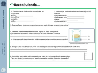 Ciências-9.ºAno
2.ºBIMESTRE/2013
1. Classifique as substâncias em simples ou
compostas:
a) Cl - ___________________
b) H2SO4 - ___________________
c) NaCl - ___________________
d) O3 - ___________________
5. Indique uma sequência que pode ser usada para separar água + limalha de ferro + sal + óleo.
_____________________________________________________________________________________
_____________________________________________________________________________________
6. Num tubo graduado, adicionou-se água, óleo de cozinha e álcool, nessa ordem.
Faça um desenho mostrando as fases observadas no tubo. Quantas fases são?
___________________________________________________________________________________________
___________________________________________________________________________________________
___________________________________________________________________________________________
3.Quantas fases observamos ao misturarmos areia, água e um pouco de açúcar?
_______________________________________________________________
4. Observe o sistema representado na figura ao lado e responda:
a) O sistema representa uma substância ou uma mistura? Justifique.
_______________________________________________________________
b) Quantas moléculas diferentes estão representadas no sistema em questão?
_______________________________________________________________
2. Classifique os materiais em substância pura ou
mistura:
a) água mineral - ___________________
b) sabão em pó - ___________________
c) leite - ___________________
d) gás oxigênio - ___________________
quimicano1anoconego.blogspot.com
Recapitulando...
21
 