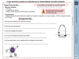 Ciências-9.ºAno
2ºBIMESTRE/2013
a) O que você observou em poucos minutos?
_______________________________________________________________________
b) Por que isso aconteceu?
_______________________________________________________________________
c) Houve formação de bolhas?
________________________________________________________
d) O que a formação de bolhas quer dizer?
__________________________________________________________
e) O que aconteceu com a aparência do ovo depois de dois dias?
____________________________________________________________
Materiais utilizados
- 1 ovo cru;
- 1 recipiente com tampa;
- vinagre: solução aquosa de ácido acético (H3CCOOH).
Procedimentos
- Coloque solução de ácido acético até metade do recipiente e mergulhe o ovo nessa solução. Feche o recipiente e deixe
por dois dias.
educador.brasilescola.com/estrategias-ensino/experimento-ovo-imerso-no-vinagre.htm
http://www.mcientifica.com.br
O QUE ACONTECE QUANDO AS SUBSTÂNCIAS SE TRANSFORMAM? REAÇÕES QUÍMICAS
O ovo pelado com liberação de substância gasosa.
28
 