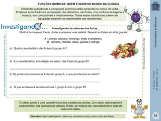 Ciências-9.ºAno
2ºBIMESTRE/2013
Diferentes substâncias e compostos químicos estão presentes no nosso dia a dia.
Podemos encontrá-los na composição dos alimentos, nas frutas, nos produtos de higiene e
limpeza, nos combustíveis e medicamentos. Todas essas substâncias podem ser
agrupadas segundo as propriedades que apresentam.
Investigando os sabores das frutas...
Pedir à turma para trazer frutas e preparar uma salada. Separar as frutas em dois grupos:
A - laranja, abacaxi, morango, limão e tangerina .
B - banana, mamão, caqui, goiaba e manga.
a) Qual a característica das frutas do grupo A ?
______________________________________________________________
b) E a característica, em relação ao sabor, das frutas do grupo B?
_____________________________________________________________
d) Se juntarmos somente as frutas do grupo A, o que acontecerá ao sabor?
_____________________________________________________________
e) O que acontecerá se misturarmos o grupo A com o grupo B?
_____________________________________________________________
http://filoczar.com/Conteudo%20educacional/Apostilas/Quimica/Funcoes.pdf
O sabor azedo é uma característica das substâncias ácidas. Já o sabor adstringente é
característico das substâncias básicas. Então, ao misturá-las, neutralizamos a ação de
cada uma delas.
Glossário: sabor adstringente - sabor que comprime a boca, como a cica das frutas.
Investigando...oo
http://www.trigopane.com.br/frutas1.jpg
FUNÇÕES QUÍMICAS: QUEM É QUEM NO MUNDO DA QUÍMICA
34
 