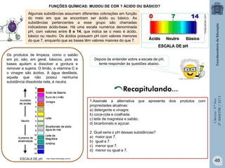 Ciências-9.ºAno
2ºBIMESTRE/2013
FUNÇÕES QUÍMICAS: MUDOU DE COR ? ÁCIDO OU BÁSICO?
Os produtos de limpeza, como o sabão
em pó, são, em geral, básicos, pois as
bases ajudam a dissolver a gordura e
remover a sujeira. O limão, a vitamina C e
o vinagre são ácidos. A água destilada,
aquela que não possui nenhuma
substância dissolvida nela, é neutra.
1.Assinale a alternativa que apresenta dois produtos com
propriedades alcalinas:
a) detergente e vinagre.
b) coca-cola e coalhada.
c) leite de magnésia e sabão.
d) bicarbonato e açúcar.
2. Qual seria o pH dessas substâncias?
a) maior que 7.
b) igual a 7.
c) menor que 7.
d) menor ou igual a 7.
Depois de entender sobre a escala de pH,
tente responder às questões abaixo.
Recapitulando...
Algumas substâncias assumem diferentes colorações em função
do meio em que se encontram ser ácido ou básico. As
substâncias pertencentes a esse grupo são chamadas
indicadores ácido-base. Há uma escala numérica denominada
pH, com valores entre 0 e 14, que indica se o meio é ácido,
básico ou neutro. Os ácidos possuem pH com valores menores
do que 7, enquanto que as bases têm valores maiores do que 7.
ESCALA DE pH http://www.sobiologia.com.br
40
 