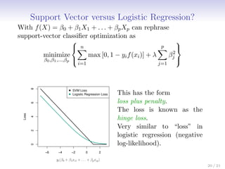 Support Vector versus Logistic Regression?
With f(X) = β0 + β1X1 + . . . + βpXp can rephrase
support-vector classifier optimization as
minimize
β0,β1,...,βp



n
X
i=1
max [0, 1 − yif(xi)] + λ
p
X
j=1
β2
j



−6 −4 −2 0 2
0
2
4
6
8
Loss
SVM Loss
Logistic Regression Loss
yi(β0 + β1xi1 + . . . + βpxip)
This has the form
loss plus penalty.
The loss is known as the
hinge loss.
Very similar to “loss” in
logistic regression (negative
log-likelihood).
20 / 21
 