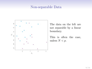 Non-separable Data
0 1 2 3
−1.0
−0.5
0.0
0.5
1.0
1.5
2.0
X1
X
2
The data on the left are
not separable by a linear
boundary.
This is often the case,
unless N < p.
6 / 21
 