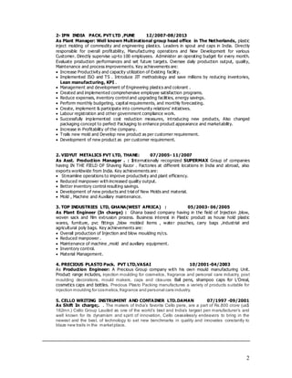 2
2- IPN INDIA PACK. PVT LTD ,PUNE 12/2007-08/2013
As Plant Manager: Well known Multinational group head office in The Netherlands, plastic
inject molding of commodity and engineering plastics. Leaders in spout and caps in India. Directly
responsible for overall profitability, Manufacturing operations and New Development for various
Customer. Directly supervise up-to 100 employees. Administer an operating budget for every month.
Evaluate production performances and set future targets. Oversee daily production output, quality,
Maintenance and process improvements. Key achievements are:
 Increase Productivity and capacity utilization of Existing facility.
 Implemented ISO and TS . Introduce JIT methodology and save millions by reducing inventories,
Lean manufacturing, KPI .
 Management and development of Engineering plastics and colorant .
 Created and implemented comprehensive employee satisfaction programs.
 Reduce expenses, inventory control and upgrading facilities, energy savings.
 Perform monthly budgeting, capital requirements, and monthly forecasting.
 Create, implement & participate into community relations’ initiatives.
 Labour registration and other government compliance work.
 Successfully implemented cost reduction measures, introducing new products, Also changed
packaging concept to perfect Packaging to enhance product appearance and marketability.
 Increase in Profitability of the company.
 Trails new mold and Develop new product as per customer requirement.
 Development of new product as per customer requirement.
2. VIDYUT METALICS PVT LTD, THANE: 07/2005- 11/2007
As Asst. Production Manager . : Internationally recognized SUPERMAX Group of companies
having IN THE FIELD OF Shaving Razor . Factories at different locations in India and abroad, also
exports worldwide from India. Key achievements are:
 Streamline operations to improve productivity and plant efficiency.
 Reduced manpower with increased quality output.
 Better inventory control resulting savings.
 Development of new products and trial of New Molds and material.
 Mold , Machine and Auxiliary maintenance.
3. TOP INDUSTRIES LTD, GHANA(WEST AFRICA) : 05/2003- 06/2005
As Plant Engineer (In charge) : Ghana based company having in the field of Injection ,blow,
woven sack and film extrusion process. Business interest in Plastic product as house hold plastic
wares, furniture, pvc fittings ,blow molded items , water pouches, carry bags ,industrial and
agricultural poly bags. Key achievements are:
 Overall production of Injection and blow moulding m/cs.
 Reduced manpower .
 Maintenance of machine ,mold and auxiliary equipment.
 Inventory control.
 Material Management.
4. PRECIOUS PLASTO Pack. PVT LTD,VASAI 10/2001-04/2003
As Production Engineer: A Precious Group company with his own mould manufacturing Unit.
Product range includes, injection moulding for cosmetics, fragrance and personal care industry, post
moulding decorations, mould makers, caps and closures Ball pens, shampoo caps for L’Oreal,
cosmetics caps and bottles. Precious Plasto Packing manufactures a variety of products suitable for
injection moulding for cosmetics,fragrance and personal care industry.
5. CELLO WRITING INSTRUMENT AND CONTAINER LTD.DAMAN 07/1997 -09/2001
As Shift In charge;. . The makers of India’s favorite Cello pens, are a part of Rs.800 crore (us$
182mn.) Cello Group Lauded as one of the world’s best and India’s largest pen manufacturer’s and
well known for its dynamism and spirit of innovation, Cello ceaselessly endeavors to bring in the
newest and the best. of technology to set new benchmarks in quality and innovates constantly to
blaze new trails in the marketplace.
 