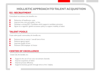 HOLLISTICAPPROACHTOTALENT ACQUISTION
Centralised recruitment, the benefits are :
 Reduction of headhunter costs
 Improve time, cost and quality to hire
 Develops a strong EVP / Candidate which supports candidate attraction
 Agree on a regional / global succession policy to support mobility of talent
D2≥ RECRUITMENT
Create talent pools/ communities, the benefits are::
 Reduces time to source / overall time of hire
 Reduces agency spend
 Improves quality of hire
 Positions G4S employer of choice
TALENT POOLS
Create CoE, the benefits are::
 Supports the use of non cost recruitment channels
 Improve acquisition of talent
 Improve process efficiency
 Supports business growth through time to hire / deploy
CENTER OF EXCELLENCE
 