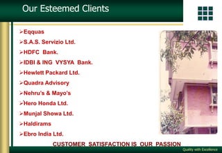 Quality with Excellence
Our Esteemed Clients
Eqquas
S.A.S. Servizio Ltd.
HDFC Bank.
IDBI & ING VYSYA Bank.
Hewlett Pa...
