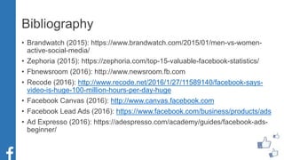 Bibliography
• Brandwatch (2015): https://www.brandwatch.com/2015/01/men-vs-women-
active-social-media/
• Zephoria (2015): https://zephoria.com/top-15-valuable-facebook-statistics/
• Fbnewsroom (2016): http://www.newsroom.fb.com
• Recode (2016): http://www.recode.net/2016/1/27/11589140/facebook-says-
video-is-huge-100-million-hours-per-day-huge
• Facebook Canvas (2016): http://www.canvas.facebook.com
• Facebook Lead Ads (2016): https://www.facebook.com/business/products/ads
• Ad Expresso (2016): https://adespresso.com/academy/guides/facebook-ads-
beginner/
 
