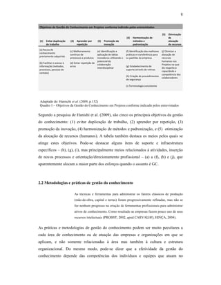 8
Objetivos da Gestão do Conhecimento em Projetos conforme indicado pelos entrevistados  
              
(1) Evitar duplicação 
de trabalho 
(2) Aprender por 
repetição 
(3) Promoção da 
inovação 
(4) Harmonização de 
métodos e 
padronização 
(5) Otimização 
da 
alocação 
de recursos 
(a) Reuso de 
conhecimento 
previamente adquirido 
                                           
(c) Melhoramento  
contínuo de 
processos e produtos 
                                             
(e) Identificação e 
aplicação de idéias 
inovadoras utilizando o 
potencial da 
colaboração 
interdisciplinar 
  
                                                        
(f) Identificação das melhores 
práticas e transferência para 
os padrões da empresa 
                                   
(j) Otimizar a 
alocação de 
recursos 
humanos nos 
Projetos no que 
diz respeito à 
capacidade e 
competência dos 
colaboradores 
  
  
  
(b) Facilitar o acesso à 
informação (métodos, 
processos, pessoas de 
contato) 
(d) Evitar repetição de 
erros  (g) Estabelecimento de  
suporte através de rotinas 
   (h) Criação de procedimentos 
de segurança 
      (i) Terminologia consistente 
     
Segundo a pesquisa de Hanishi et al. (2009), são cinco os principais objetivos da gestão
do conhecimento: (1) evitar duplicação de trabalho, (2) aprender por repetição, (3)
promoção da inovação, (4) harmonização de métodos e padronização, e (5) otimização
da alocação de recursos (humanos). A tabela também destaca os meios pelos quais se
atinge estes objetivos. Pode-se destacar alguns itens de suporte e infraestrutura
específicos – (b), (g), (i), mas principalmente meios relacionados à atividades, inserção
de novos processos e orientação/direcionamento profissional – (a) a (f), (h) e (j), que
aparentemente alocam a maior parte dos esforços quando o assunto é GC.
2.2 Metodologias e práticas de gestão do conhecimento
As técnicas e ferramentas para administrar os fatores clássicos de produção
(mão-de-obra, capital e terras) foram progressivamente refinadas, mas não se
fez nenhum progresso na criação de ferramentas profissionais para administrar
ativos de conhecimento. Como resultado as empresas fazem pouco uso de seus
recursos intelectuais (PROBST, 2002, apud CARVALHO, HINÇA, 2004).
As práticas e metodologias de gestão do conhecimento podem ser muito peculiares a
cada área de conhecimento ou de atuação das empresas e organizações em que se
aplicam, e não somente relacionadas à área mas também à cultura e estrutura
organizacional. Do mesmo modo, pode-se dizer que a efetividade da gestão do
conhecimento depende das competências dos indivíduos e equipes que atuam no
Adaptado de: Hanischi et al. (2009, p.152)
Quadro 1 – Objetivos da Gestão do Conhecimento em Projetos conforme indicado pelos entrevistados
 