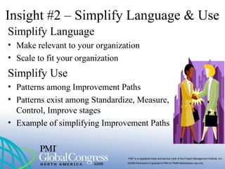 “PMI” is a registered trade and service mark of the Project Management Institute, Inc.
©2009 Permission is granted to PMI for PMI® Marketplace use only
Insight #2 – Simplify Language & Use
Simplify Language
• Make relevant to your organization
• Scale to fit your organization
Simplify Use
• Patterns among Improvement Paths
• Patterns exist among Standardize, Measure,
Control, Improve stages
• Example of simplifying Improvement Paths
 