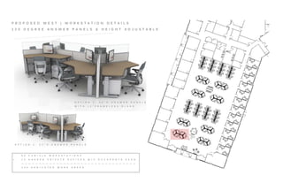 P R O P O S E D W E S T | W O R K S T A T I O N D E T A I L S
1 2 0 D E G R E E A N S W E R P A N E L S & H E I G H T A D J U S T A B L E
O P T I O N 2 : 5 4 ” H A N S W E R P A N E L S
O P T I O N 1 : 4 2 ” H A N S W E R P A N E L S
W I T H 1 2 ” F R A M E L E S S G L A S S
9 6 C U B I C L E W O R K S T A T I O N S
+ 1 2 S H A R E D P R I V A T E O F F I C E S W / 2 O C C U P A N T S E A C H
— — — — — — — — — — — — — — — — — — — — — — — — — — — — — — — — —
1 2 0 D E D I C A T E D W O R K A R E A S
 