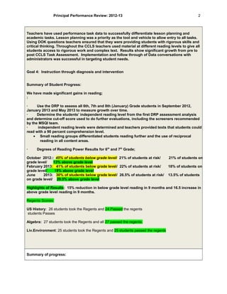 Principal Performance Review: 2012-13
Teachers have used performance task data to successfully differentiate lesson planning and
academic tasks. Lesson planning was a priority as the tool and vehicle to allow entry to all tasks.
Using DOK questions teachers ensured that they were providing students with rigorous skills and
critical thinking. Throughout the CCLS teachers used material at different reading levels to give all
students access to rigorous work and complex text. Results show significant growth from pre to
post CCLS Task Assessment. Implementation and follow through of Data conversations with
administrators was successful in targeting student needs.
Goal 4: Instruction through diagnosis and intervention
Summary of Student Progress:
We have made significant gains in reading;
:
· Use the DRP to assess all 6th, 7th and 8th (January) Grade students in September 2012,
January 2013 and May 2013 to measure growth over time.
· Determine the students’ independent reading level from the first DRP assessment analysis
and determine cut-off score used to do further evaluations, including the screeners recommended
by the MSQI team.
· independent reading levels were determined and teachers provided texts that students could
read with a 90 percent comprehension level.
• Small reading groups differentiated students reading further and the use of reciprocal
reading in all content areas.
· Degrees of Reading Power Results for 6th
and 7th
Grade;
October 2012:: 45% of students below grade level/ 21% of students at risk/ 21% of students on
grade level/ 13% above grade level
February 2013: 41% of students below grade level/ 22% of students at risk/ 18% of students on
grade level/ 19% above grade level
June 2013: 30% of students below grade level/ 26.5% of students at risk/ 13.5% of students
on grade level/ 29.5% above grade level
Highlights of Results: 15% reduction in below grade level reading in 9 months and 16.5 increase in
above grade level reading in 9 months.
Regents Scores:
US History: 26 students took the Regents and 24 Passed the regents
students Passes
Algebra: 27 students took the Regents and all 27 passed the regents.
Liv.Environment: 25 students took the Regents and 25 students passed the regents
Summary of progress:
2
 