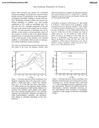 Mars Weathering: Wallendahl A. & Treiman A.
basalt, both terrestrial and martian [9]. Calculated
mineral assemblages and proportions cannot be taken
literally because of uncertainties in the thermochemi-
cal database and GWB’s inability to model solid solu-
tions. Weathering of basalt on Mars can consume sig-
nificant quantities of volatiles: e.g., open system
weathering at 25°C yields an assemblage with ~4%
H2O and ~6% CO2. Abundant production of H2 and
CH4 gas in the closed system model may be realistic,
e.g. [7]. The high pressures of hydrogen may not be
realistic, as they assume a closed, gas-tight, system. If
this scenario is similar to that of an aquifer beneath
permafrost [6], it is possible that significant pressures
of H2 could develop. If this pressure were released
suddenly, it could produce blow-out pits or sand gey-
sers (which could mimic small volcanoes).
This work was performed during a Summer Internship to the
first author at the Lunar and Planetary Institute. Both
authors are grateful for its support. We appreciate assistance
and critical comments from S. Clifford and L. Kirkland.
Supported in part by the Lunar and Planetary Institute and
by NASA grant NAGW-5098.
[1] Griffith L. & Shock E. (1995) Nature 377, 406. Griffith
L. & Shock E. (1997) JGR 102, 9135. [2] Bethke C. (1996)
Geochemical Reaction Modeling. Oxford U. Press. Bethke
C. (1998) Geochemist’s Workbench 3.0, Users Guide. Univ.
Ill. Press. [3] Wolery T. et al. (1992) EQ3/6. LLNL. [4]
Laul J.C. (1986) GCA 50, 909. [5] Baird A.& Clark B.
(1982) Icarus 45, 113. [6] Clifford S. (1993) JGR 98,
10973. [7] Neal C. & Stangel G. (1983) EPSL 66, 315.
Stevens T. & McKinley J. (1995) Science 270, 450. [8]
Jakes P. & Rajmon D. (1998) LPS XIX, Abs. #1627. [9]
Loughnan F. (1986) Chemical Weathering of the Silicate
Minerals. Elsevier. Gooding J. (1992) Icarus 99, 28. Trei-
man A. et al. (1993) Meteoritics 28, 86.
Figure 1. Calculated alteration mineral assemblages from
Shergotty composition glass in the open-system scenario:
p(CO2) = 0.006 bars; f(O2) = 9x10-6
bar. Calcula-
tions at T = 0, 25, 60, 100, and 150°C; water:rock =
1:5. Abbreviations are: M, magnesite; Mica, includes
muscovite & paragonite; Felds includes albite & mi-
crocline; Hm, hematite; Epid, epidote; And, andra-
dite; Clays includes kaolinte and Ca-, Na-, and Mg-
saponites and nontronites. Minerals not labeled in-
clude hydroxylapatite, anhydrite, and pyrolusite.
Note change in carbonate mineralogy at low tem-
peratures.
Figure 2. Calculated alteration mineral assemblages from
Shergotty composition glass in the closed-system scenario.
Calculations at T = 25, 60, 100, and 150°C; water:rock
= 1:5. Clay is Reykjanes smectite, serpentine is actu-
ally minnesotaite. Minerals not labeled include hy-
droxylapatite, tremolite, alabandite, chromite, an-
nite, and tephroite. Note invariance of assemblage,
compared to wide changes in alteration assemblages
in Fig. 1
50
60
70
80
90
100
0 20 40 60 80 100 120 140 160
T ( o
C )
M
Dolomite
Calcite
Clays
Mica
And
Epid
Hm
Felds
Quartz
40
50
60
70
80
90
100
0 20 40 60 80 100 120 140 160
T (
o
C )
Clay
Serpentine
Diopside
Quartz
Lunar and Planetary Science XXX 1268.pdf
 