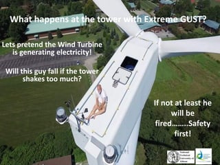 What happens at the tower with Extreme GUST?
Lets pretend the Wind Turbine
is generating electricity!
Will this guy fall if the tower
shakes too much?
If not at least he
will be
fired……..Safety
first!
 
