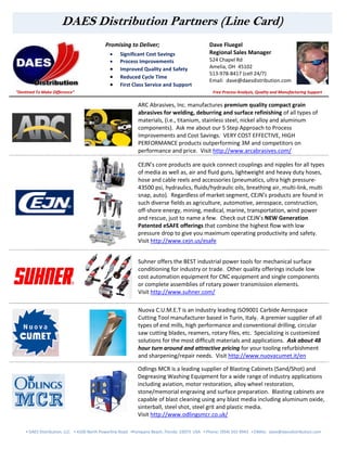 ▪ DAES Distribution, LLC. ▪ 4100 North Powerline Road ▪Pompano Beach, Florida 33073 USA ▪ Phone: (954) 242-9943 ▪ EMAIL: dave@daesdistribution.com
Promising to Deliver;
• Significant Cost Savings
• Process Improvements
• Improved Quality and Safety
• Reduced Cycle Time
• First Class Service and Support
Dave Fluegel
Regional Sales Manager
524 Chapel Rd
Amelia, OH 45102
513-978-8417 (cell 24/7)
Email: dave@daesdistribution.com
“Destined To Make Difference” Free Process Analysis, Quality and Manufacturing Support
ARC Abrasives, Inc. manufactures premium quality compact grain
abrasives for welding, deburring and surface refinishing of all types of
materials, (i.e., titanium, stainless steel, nickel alloy and aluminum
components). Ask me about our 5 Step Approach to Process
Improvements and Cost Savings. VERY COST EFFECTIVE, HIGH
PERFORMANCE products outperforming 3M and competitors on
performance and price. Visit http://www.arcabrasives.com/
CEJN’s core products are quick connect couplings and nipples for all types
of media as well as, air and fluid guns, lightweight and heavy duty hoses,
hose and cable reels and accessories (pneumatics, ultra high pressure-
43500 psi, hydraulics, fluids/hydraulic oils, breathing air, multi-link, multi
snap, auto). Regardless of market segment, CEJN’s products are found in
such diverse fields as agriculture, automotive, aerospace, construction,
off-shore energy, mining, medical, marine, transportation, wind power
and rescue, just to name a few. Check out CEJN’s NEW Generation
Patented eSAFE offerings that combine the highest flow with low
pressure drop to give you maximum operating productivity and safety.
Visit http://www.cejn.us/esafe
Suhner offers the BEST industrial power tools for mechanical surface
conditioning for industry or trade. Other quality offerings include low
cost automation equipment for CNC equipment and single components
or complete assemblies of rotary power transmission elements.
Visit http://www.suhner.com/
Nuova C.U.M.E.T is an industry leading ISO9001 Carbide Aerospace
Cutting Tool manufacturer based in Turin, Italy. A premier supplier of all
types of end mills, high performance and conventional drilling, circular
saw cutting blades, reamers, rotary files, etc. Specializing is customized
solutions for the most difficult materials and applications. Ask about 48
hour turn around and attractive pricing for your tooling refurbishment
and sharpening/repair needs. Visit http://www.nuovacumet.it/en
Odlings MCR is a leading supplier of Blasting Cabinets (Sand/Shot) and
Degreasing Washing Equipment for a wide range of industry applications
including aviation, motor restoration, alloy wheel restoration,
stone/memorial engraving and surface preparation. Blasting cabinets are
capable of blast cleaning using any blast media including aluminum oxide,
sinterball, steel shot, steel grit and plastic media.
Visit http://www.odlingsmcr.co.uk/
 