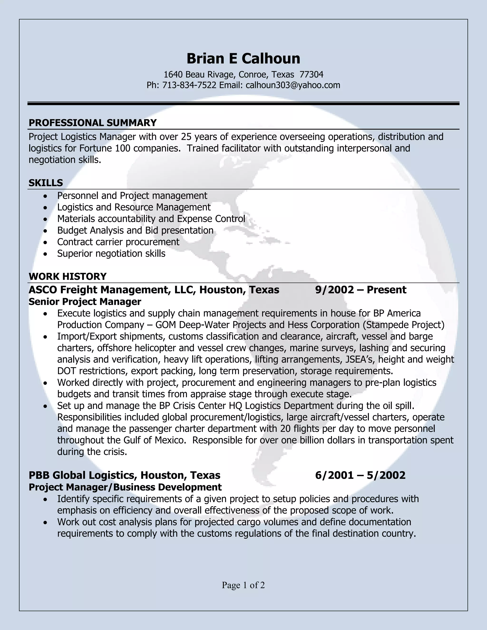 CV Brian Calhoun Professional Summary rev 1 | PDF