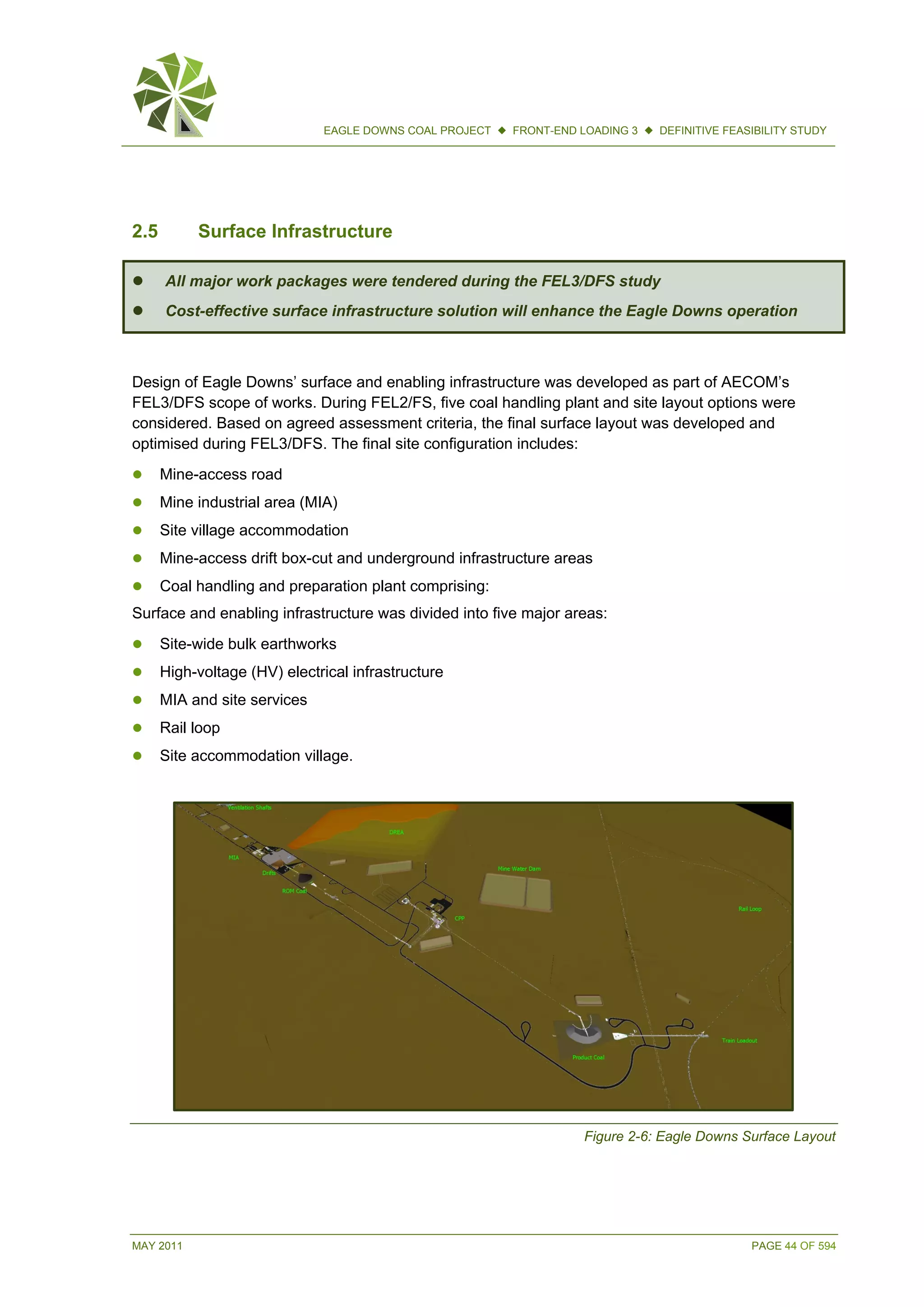MAY 2011 PAGE 44 OF 594
EAGLE DOWNS COAL PROJECT  FRONT-END LOADING 3  DEFINITIVE FEASIBILITY STUDY
2.5 Surface Infrastructure
 All major work packages were tendered during the FEL3/DFS study
 Cost-effective surface infrastructure solution will enhance the Eagle Downs operation
Design of Eagle Downs’ surface and enabling infrastructure was developed as part of AECOM’s
FEL3/DFS scope of works. During FEL2/FS, five coal handling plant and site layout options were
considered. Based on agreed assessment criteria, the final surface layout was developed and
optimised during FEL3/DFS. The final site configuration includes:
 Mine-access road
 Mine industrial area (MIA)
 Site village accommodation
 Mine-access drift box-cut and underground infrastructure areas
 Coal handling and preparation plant comprising:
Surface and enabling infrastructure was divided into five major areas:
 Site-wide bulk earthworks
 High-voltage (HV) electrical infrastructure
 MIA and site services
 Rail loop
 Site accommodation village.
Figure 2-6: Eagle Downs Surface Layout
 