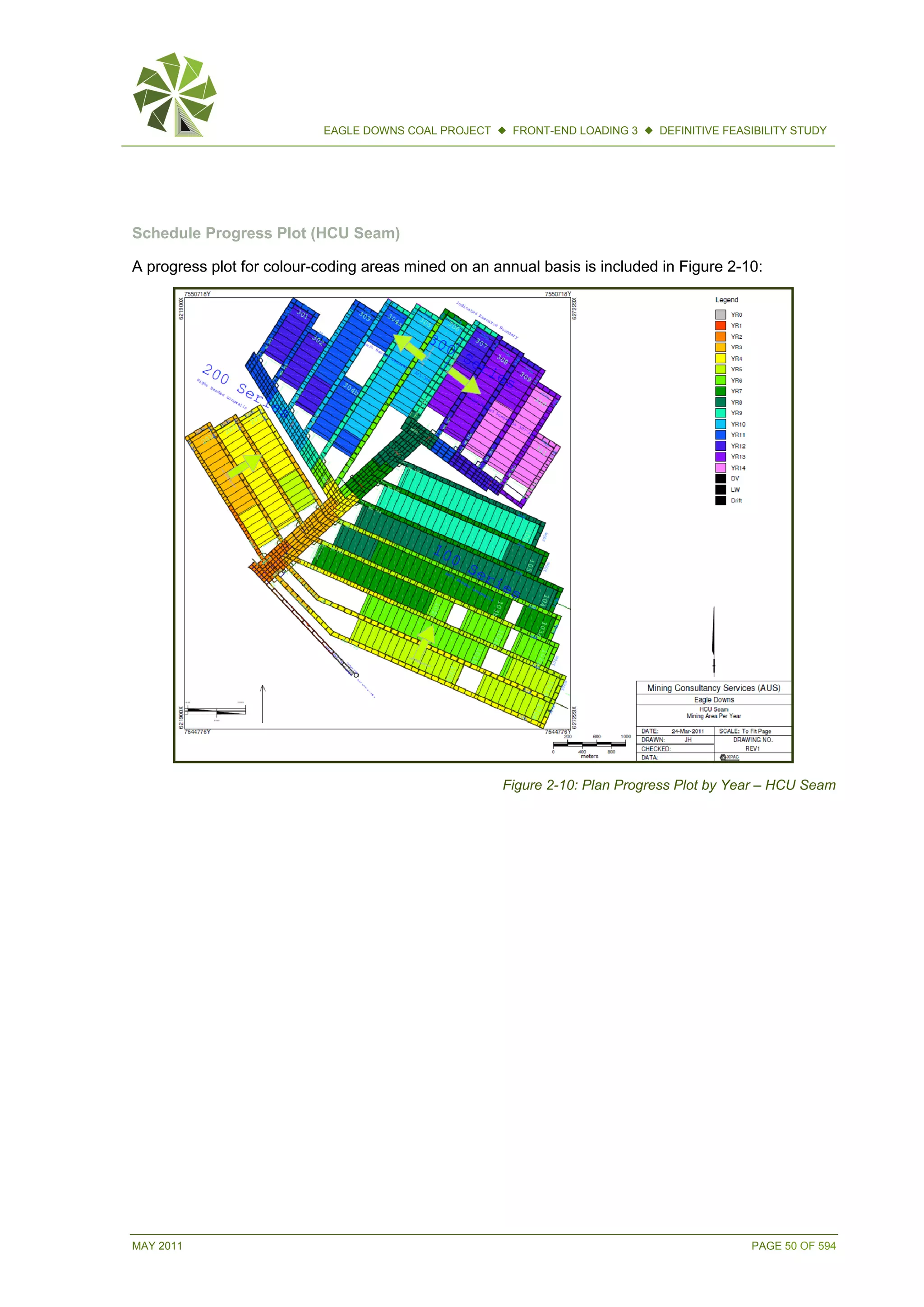MAY 2011 PAGE 50 OF 594
EAGLE DOWNS COAL PROJECT  FRONT-END LOADING 3  DEFINITIVE FEASIBILITY STUDY
Schedule Progress Plot (HCU Seam)
A progress plot for colour-coding areas mined on an annual basis is included in Figure 2-10:
Figure 2-10: Plan Progress Plot by Year – HCU Seam
 