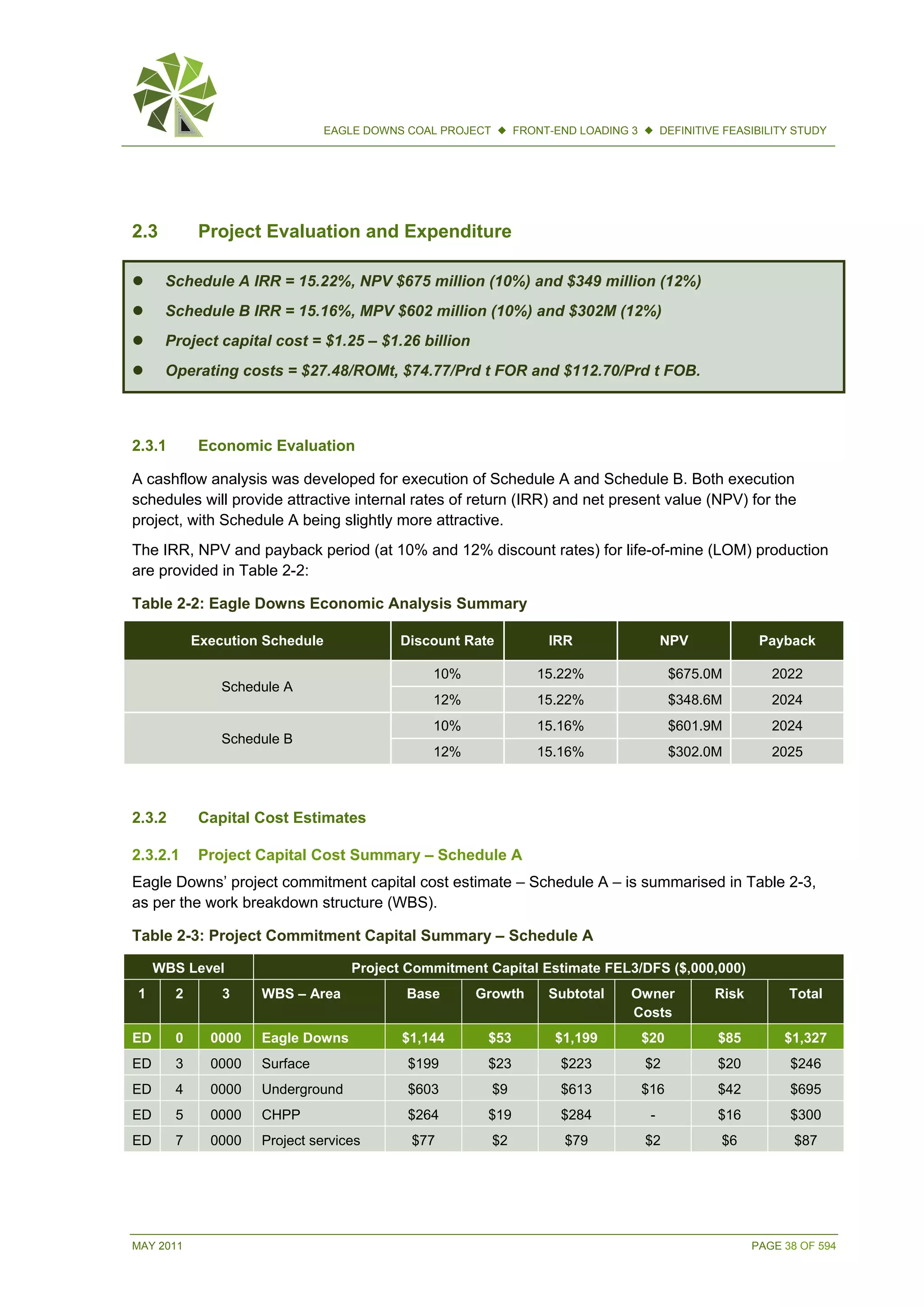 MAY 2011 PAGE 38 OF 594
EAGLE DOWNS COAL PROJECT  FRONT-END LOADING 3  DEFINITIVE FEASIBILITY STUDY
2.3 Project Evaluation and Expenditure
 Schedule A IRR = 15.22%, NPV $675 million (10%) and $349 million (12%)
 Schedule B IRR = 15.16%, MPV $602 million (10%) and $302M (12%)
 Project capital cost = $1.25 – $1.26 billion
 Operating costs = $27.48/ROMt, $74.77/Prd t FOR and $112.70/Prd t FOB.
2.3.1 Economic Evaluation
A cashflow analysis was developed for execution of Schedule A and Schedule B. Both execution
schedules will provide attractive internal rates of return (IRR) and net present value (NPV) for the
project, with Schedule A being slightly more attractive.
The IRR, NPV and payback period (at 10% and 12% discount rates) for life-of-mine (LOM) production
are provided in Table 2-2:
Table 2-2: Eagle Downs Economic Analysis Summary
Execution Schedule Discount Rate IRR NPV Payback
Schedule A
10% 15.22% $675.0M 2022
12% 15.22% $348.6M 2024
Schedule B
10% 15.16% $601.9M 2024
12% 15.16% $302.0M 2025
2.3.2 Capital Cost Estimates
2.3.2.1 Project Capital Cost Summary – Schedule A
Eagle Downs’ project commitment capital cost estimate – Schedule A – is summarised in Table 2-3,
as per the work breakdown structure (WBS).
Table 2-3: Project Commitment Capital Summary – Schedule A
WBS Level Project Commitment Capital Estimate FEL3/DFS ($,000,000)
1 2 3 WBS – Area Base Growth Subtotal Owner
Costs
Risk Total
ED 0 0000 Eagle Downs $1,144 $53 $1,199 $20 $85 $1,327
ED 3 0000 Surface $199 $23 $223 $2 $20 $246
ED 4 0000 Underground $603 $9 $613 $16 $42 $695
ED 5 0000 CHPP $264 $19 $284 - $16 $300
ED 7 0000 Project services $77 $2 $79 $2 $6 $87
 