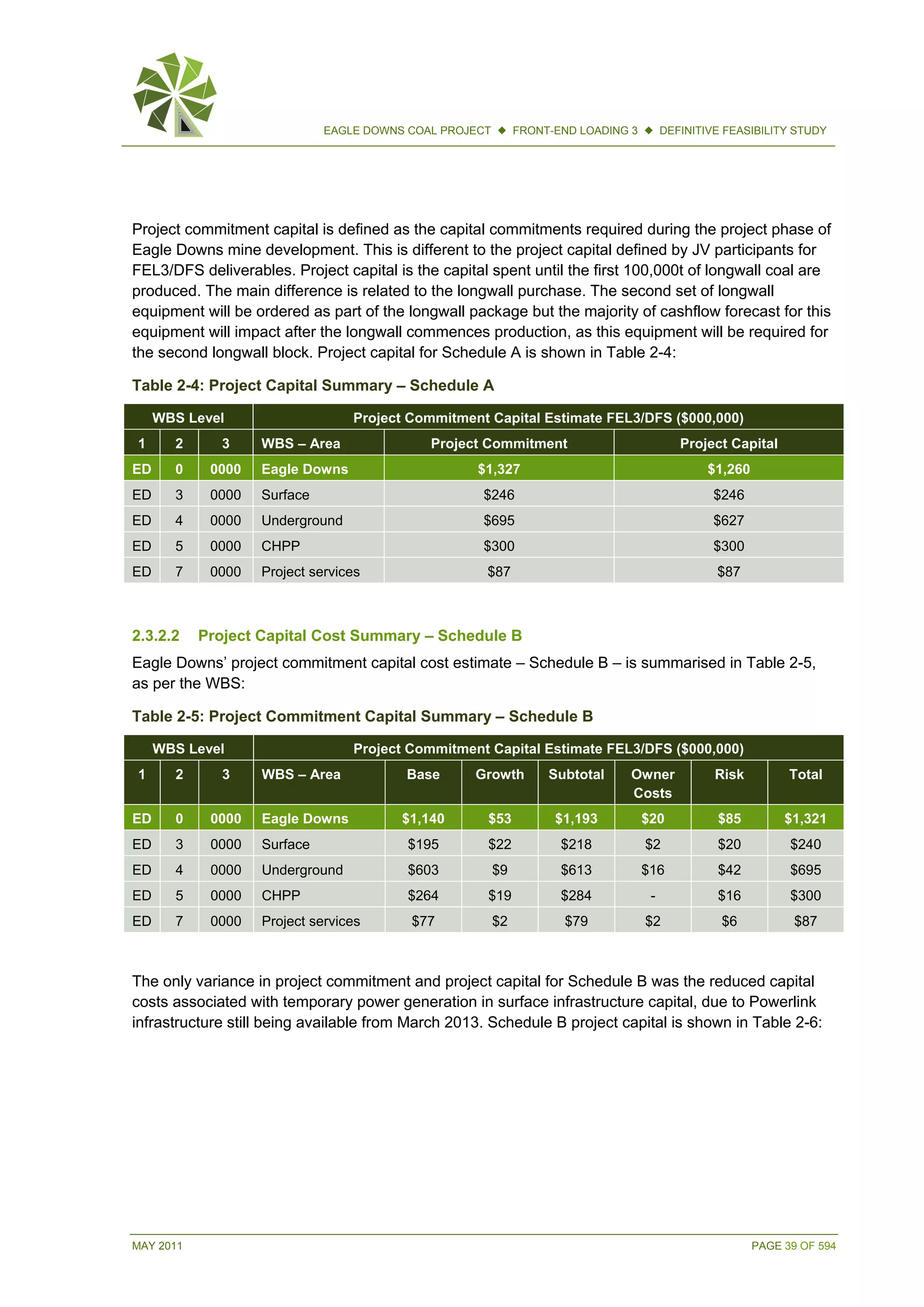 MAY 2011 PAGE 39 OF 594
EAGLE DOWNS COAL PROJECT  FRONT-END LOADING 3  DEFINITIVE FEASIBILITY STUDY
Project commitment capital is defined as the capital commitments required during the project phase of
Eagle Downs mine development. This is different to the project capital defined by JV participants for
FEL3/DFS deliverables. Project capital is the capital spent until the first 100,000t of longwall coal are
produced. The main difference is related to the longwall purchase. The second set of longwall
equipment will be ordered as part of the longwall package but the majority of cashflow forecast for this
equipment will impact after the longwall commences production, as this equipment will be required for
the second longwall block. Project capital for Schedule A is shown in Table 2-4:
Table 2-4: Project Capital Summary – Schedule A
WBS Level Project Commitment Capital Estimate FEL3/DFS ($000,000)
1 2 3 WBS – Area Project Commitment Project Capital
ED 0 0000 Eagle Downs $1,327 $1,260
ED 3 0000 Surface $246 $246
ED 4 0000 Underground $695 $627
ED 5 0000 CHPP $300 $300
ED 7 0000 Project services $87 $87
2.3.2.2 Project Capital Cost Summary – Schedule B
Eagle Downs’ project commitment capital cost estimate – Schedule B – is summarised in Table 2-5,
as per the WBS:
Table 2-5: Project Commitment Capital Summary – Schedule B
WBS Level Project Commitment Capital Estimate FEL3/DFS ($000,000)
1 2 3 WBS – Area Base Growth Subtotal Owner
Costs
Risk Total
ED 0 0000 Eagle Downs $1,140 $53 $1,193 $20 $85 $1,321
ED 3 0000 Surface $195 $22 $218 $2 $20 $240
ED 4 0000 Underground $603 $9 $613 $16 $42 $695
ED 5 0000 CHPP $264 $19 $284 - $16 $300
ED 7 0000 Project services $77 $2 $79 $2 $6 $87
The only variance in project commitment and project capital for Schedule B was the reduced capital
costs associated with temporary power generation in surface infrastructure capital, due to Powerlink
infrastructure still being available from March 2013. Schedule B project capital is shown in Table 2-6:
 