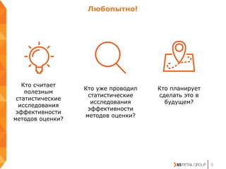 5
Кто уже проводил
статистические
исследования
эффективности
методов оценки?
Кто планирует
сделать это в
будущем?
Любопытно!
Кто считает
полезным
статистические
исследования
эффективности
методов оценки?
 