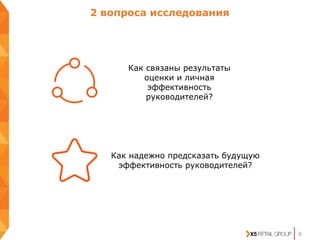 6
Как связаны результаты
оценки и личная
эффективность
руководителей?
2 вопроса исследования
Как надежно предсказать будущую
эффективность руководителей?
 