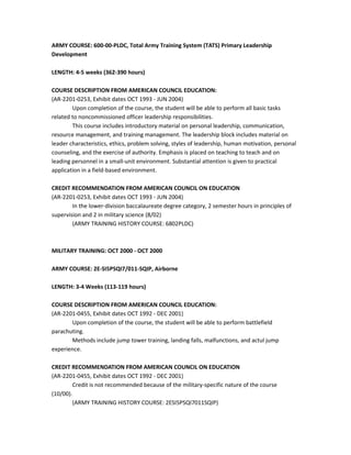 ARMY COURSE: 600-00-PLDC, Total Army Training System (TATS) Primary Leadership
Development
LENGTH: 4-5 weeks (362-390 hours)
COURSE DESCRIPTION FROM AMERICAN COUNCIL EDUCATION:
(AR-2201-0253, Exhibit dates OCT 1993 - JUN 2004)
Upon completion of the course, the student will be able to perform all basic tasks
related to noncommissioned officer leadership responsibilities.
This course includes introductory material on personal leadership, communication,
resource management, and training management. The leadership block includes material on
leader characteristics, ethics, problem solving, styles of leadership, human motivation, personal
counseling, and the exercise of authority. Emphasis is placed on teaching to teach and on
leading personnel in a small-unit environment. Substantial attention is given to practical
application in a field-based environment.
CREDIT RECOMMENDATION FROM AMERICAN COUNCIL ON EDUCATION
(AR-2201-0253, Exhibit dates OCT 1993 - JUN 2004)
In the lower-division baccalaureate degree category, 2 semester hours in principles of
supervision and 2 in military science (8/02)
(ARMY TRAINING HISTORY COURSE: 6802PLDC)
MILITARY TRAINING: OCT 2000 - OCT 2000
ARMY COURSE: 2E-SI5PSQI7/011-SQIP, Airborne
LENGTH: 3-4 Weeks (113-119 hours)
COURSE DESCRIPTION FROM AMERICAN COUNCIL EDUCATION:
(AR-2201-0455, Exhibit dates OCT 1992 - DEC 2001)
Upon completion of the course, the student will be able to perform battlefield
parachuting.
Methods include jump tower training, landing falls, malfunctions, and actul jump
experience.
CREDIT RECOMMENDATION FROM AMERICAN COUNCIL ON EDUCATION
(AR-2201-0455, Exhibit dates OCT 1992 - DEC 2001)
Credit is not recommended because of the military-specific nature of the course
(10/00).
(ARMY TRAINING HISTORY COURSE: 2ESI5PSQI7011SQIP)
 