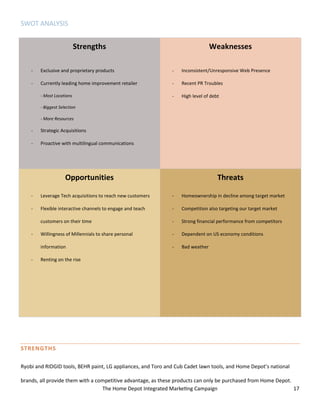 The Home Depot Integrated Marketing Campaign 17
SWOT ANALYSIS
Strengths
- Exclusive and proprietary products
- Currently leading home improvement retailer
- Most Locations
- Biggest Selection
- More Resources
- Strategic Acquisitions
- Proactive with multilingual communications
Weaknesses
- Inconsistent/Unresponsive Web Presence
- Recent PR Troubles
- High level of debt
Opportunities
- Leverage Tech acquisitions to reach new customers
- Flexible interactive channels to engage and teach
customers on their time
- Willingness of Millennials to share personal
information
- Renting on the rise
Threats
- Homeownership in decline among target market
- Competition also targeting our target market
- Strong financial performance from competitors
- Dependent on US economy conditions
- Bad weather
STRENGTHS
Ryobi and RIDGID tools, BEHR paint, LG appliances, and Toro and Cub Cadet lawn tools, and Home Depot’s national
brands, all provide them with a competitive advantage, as these products can only be purchased from Home Depot.
 
