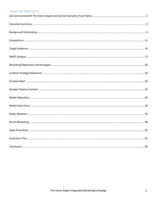 The Home Depot Integrated Marketing Campaign 2
TABLE OF CONTENTS
Get Connected with The Home Depot and Get Connected to Your Home. ...........................................................................1
Executive Summary.................................................................................................................................................................3
Background Information.........................................................................................................................................................4
Competitors ..........................................................................................................................................................................11
Target Audience....................................................................................................................................................................14
SWOT Analysis.......................................................................................................................................................................17
Marketing Objectives and Strategies....................................................................................................................................20
Creative Strategy Statement.................................................................................................................................................22
Creative Brief ........................................................................................................................................................................24
Sample Creative Content ......................................................................................................................................................25
Media Objectives ..................................................................................................................................................................26
Media Flow Chart..................................................................................................................................................................34
Public Relations.....................................................................................................................................................................35
Direct Marketing...................................................................................................................................................................38
Sales Promotion....................................................................................................................................................................42
Evaluation Plan......................................................................................................................................................................45
Conclusion.............................................................................................................................................................................46
 