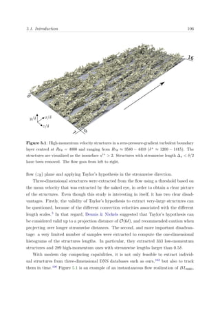 5.1. Introduction 106
0
16
7
0
Figure 5.1: High-momentum velocity structures in a zero-pressure-gradient turbulent boundary
layer centred at Reθ = 4000 and ranging from Reθ ≈ 3580 − 4410 (δ+ ≈ 1200 − 1415). The
structures are visualized as the isosurface u + > 2. Structures with streamwise length ∆x < δ/2
have been removed. The ﬂow goes from left to right.
ﬂow (zy) plane and applying Taylor’s hypothesis in the streamwise direction.
Three-dimensional structures were extracted from the ﬂow using a threshold based on
the mean velocity that was extracted by the naked eye, in order to obtain a clear picture
of the structures. Even though this study is interesting in itself, it has two clear disad-
vantages. Firstly, the validity of Taylor’s hypothesis to extract very-large structures can
be questioned, because of the diﬀerent convection velocities associated with the diﬀerent
length scales.5
In that regard, Dennis & Nickels suggested that Taylor’s hypothesis can
be considered valid up to a projection distance of O(6δ), and recommended caution when
projecting over longer streamwise distances. The second, and more important disadvan-
tage: a very limited number of samples were extracted to compute the one-dimensional
histograms of the structures lengths. In particular, they extracted 333 low-momentum
structures and 289 high-momentum ones with streamwise lengths larger than 0.5δ.
With modern day computing capabilities, it is not only feasible to extract individ-
ual structures from three-dimensional DNS databases such as ours,162
but also to track
them in time.106
Figure 5.1 is an example of an instantaneous ﬂow realization of BL6600,
 