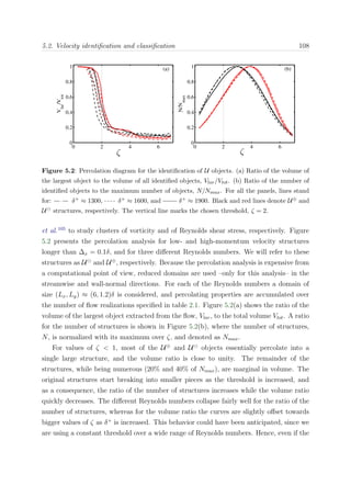 5.2. Velocity identiﬁcation and classiﬁcation 108
0 2 4 6
0
0.2
0.4
0.6
0.8
1
Vlar
/Vtot
(a)
0 2 4 6
0
0.2
0.4
0.6
0.8
1
N/Nmax
(b)
Figure 5.2: Percolation diagram for the identiﬁcation of U objects. (a) Ratio of the volume of
the largest object to the volume of all identiﬁed objects, Vlar/Vtot. (b) Ratio of the number of
identiﬁed objects to the maximum number of objects, N/Nmax. For all the panels, lines stand
for: δ+ ≈ 1300, δ+ ≈ 1600, and δ+ ≈ 1900. Black and red lines denote U⊕ and
U structures, respectively. The vertical line marks the chosen threshold, ζ = 2.
et al.105
to study clusters of vorticity and of Reynolds shear stress, respectively. Figure
5.2 presents the percolation analysis for low- and high-momentum velocity structures
longer than ∆x = 0.1δ, and for three diﬀerent Reynolds numbers. We will refer to these
structures as U and U⊕
, respectively. Because the percolation analysis is expensive from
a computational point of view, reduced domains are used –only for this analysis– in the
streamwise and wall-normal directions. For each of the Reynolds numbers a domain of
size (Lx, Ly) ≈ (6, 1.2)δ is considered, and percolating properties are accumulated over
the number of ﬂow realizations speciﬁed in table 2.1. Figure 5.2(a) shows the ratio of the
volume of the largest object extracted from the ﬂow, Vlar, to the total volume Vtot. A ratio
for the number of structures is shown in Figure 5.2(b), where the number of structures,
N, is normalized with its maximum over ζ, and denoted as Nmax.
For values of ζ < 1, most of the U⊕
and U objects essentially percolate into a
single large structure, and the volume ratio is close to unity. The remainder of the
structures, while being numerous (20% and 40% of Nmax), are marginal in volume. The
original structures start breaking into smaller pieces as the threshold is increased, and
as a consequence, the ratio of the number of structures increases while the volume ratio
quickly decreases. The diﬀerent Reynolds numbers collapse fairly well for the ratio of the
number of structures, whereas for the volume ratio the curves are slightly oﬀset towards
bigger values of ζ as δ+
is increased. This behavior could have been anticipated, since we
are using a constant threshold over a wide range of Reynolds numbers. Hence, even if the
 