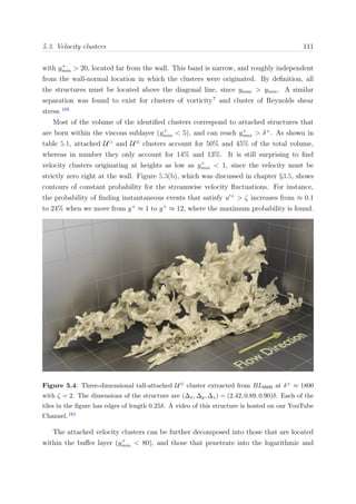 5.3. Velocity clusters 111
with y+
min > 20, located far from the wall. This band is narrow, and roughly independent
from the wall-normal location in which the clusters were originated. By deﬁnition, all
the structures must be located above the diagonal line, since ymax > ymin. A similar
separation was found to exist for clusters of vorticity7
and cluster of Reynolds shear
stress.105
Most of the volume of the identiﬁed clusters correspond to attached structures that
are born within the viscous sublayer (y+
min < 5), and can reach y+
max > δ+
. As shown in
table 5.1, attached U and U⊕
clusters account for 50% and 45% of the total volume,
whereas in number they only account for 14% and 13%. It is still surprising to ﬁnd
velocity clusters originating at heights as low as y+
min < 1, since the velocity must be
strictly zero right at the wall. Figure 5.3(b), which was discussed in chapter §3.5, shows
contours of constant probability for the streamwise velocity ﬂuctuations. For instance,
the probability of ﬁnding instantaneous events that satisfy u +
> ζ increases from ≈ 0.1
to 24% when we move from y+
≈ 1 to y+
≈ 12, where the maximum probability is found.
Figure 5.4: Three-dimensional tall-attached U⊕ cluster extracted from BL6600 at δ+ ≈ 1800
with ζ = 2. The dimensions of the structure are (∆x, ∆y, ∆z) = (2.42, 0.89, 0.90)δ. Each of the
tiles in the ﬁgure has edges of length 0.25δ. A video of this structure is hosted on our YouTube
Channel.161
The attached velocity clusters can be further decomposed into those that are located
within the buﬀer layer (y+
min < 80), and those that penetrate into the logarithmic and
 