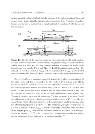 2.3. High-Reynolds numbers DNS setup 12
provide a realistic turbulent inﬂow for the larger scales of the main simulation BL6600, and
creates its own inﬂow using the same rescaling technique as BL0. A velocity cross-plane
located near the end of this ﬁrst box is then transferred at each time step to the inlet of
the second one.
Figure 2.2: Sketches of the numerical simulation set-ups, including the Reynolds numbers
achieved, and the nomenclature. Inﬂow conditions are generated using a recycled downstream
velocity plane {u, v, w} at Xrec, on which a rescaling technique is employed. (a) Single-domain
computational box, used for BL2100 and BL0. (b) Double-domain computational box. The
auxiliary low-resolution simulation BLAUX feeds the main simulation BL6600. A plane located
near the end of the ﬁrst domain (at Xt) is transferred into the main high-resolution simulation.
The cost of BLAUX is marginal, because its purpose is to allow the development of
the larger scales, and it does not need to be fully resolved. Even a linear factor of 2 in
the two wall-parallel directions, which has very little inﬂuence except in the details of
the vorticity dynamics, reduces the computational cost by a factor of 4. For the same
reason, the grid in the wall-normal direction can be made slightly coarser as well, and
its properties are speciﬁed in table 2.2 for the the Reynolds number range in each case.
The grid is designed using a set of parameters. The ﬁrst parameter is the ratio y/η of
the grid spacing to the local Kolgomorov scale, η, that is set to be of O(1) to resolve the
smallest-scale regions of intense vorticity. The local Kolmogorov length is computed from
the rate of energy transfer as η = (ν3
/ )1/4
. The maximum y/η= +
y ( +
)1/4
is reached at
y ≈ δ/2, at which η+
≈ 4 for BL6600. Another parameter to be speciﬁed is the resolution
at the ﬁrst grid point, +
y1, and the total number of points that will deﬁne the buﬀer layer.
Finally, we require Ly/δoutlet
> 2.4, to ensure that the free-stream velocity ﬂuctuations
are not constrained by the geometry of the computational box.164
 