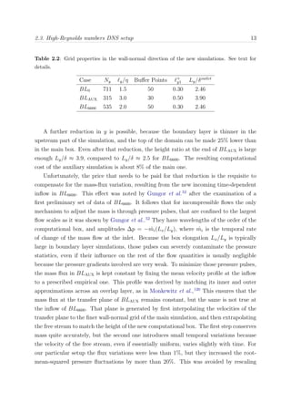 2.3. High-Reynolds numbers DNS setup 13
Table 2.2: Grid properties in the wall-normal direction of the new simulations. See text for
details.
Case Ny y/η Buﬀer Points +
y1 Ly/δoutlet
BL0 711 1.5 50 0.30 2.46
BLAUX 315 3.0 30 0.50 3.90
BL6600 535 2.0 50 0.30 2.46
A further reduction in y is possible, because the boundary layer is thinner in the
upstream part of the simulation, and the top of the domain can be made 25% lower than
in the main box. Even after that reduction, the height ratio at the end of BLAUX is large
enough Ly/δ ≈ 3.9, compared to Ly/δ ≈ 2.5 for BL6600. The resulting computational
cost of the auxiliary simulation is about 8% of the main one.
Unfortunately, the price that needs to be paid for that reduction is the requisite to
compensate for the mass-ﬂux variation, resulting from the new incoming time-dependent
inﬂow in BL6600. This eﬀect was noted by Gungor et al.52
after the examination of a
ﬁrst preliminary set of data of BL6600. It follows that for incompressible ﬂows the only
mechanism to adjust the mass is through pressure pulses, that are conﬁned to the largest
ﬂow scales as it was shown by Gungor et al..52
They have wavelengths of the order of the
computational box, and amplitudes ∆p = − ˙mi(Lx/Ly), where ˙mi is the temporal rate
of change of the mass ﬂow at the inlet. Because the box elongation Lx/Ly is typically
large in boundary layer simulations, those pulses can severely contaminate the pressure
statistics, even if their inﬂuence on the rest of the ﬂow quantities is usually negligible
because the pressure gradients involved are very weak. To minimize those pressure pulses,
the mass ﬂux in BLAUX is kept constant by ﬁxing the mean velocity proﬁle at the inﬂow
to a prescribed empirical one. This proﬁle was derived by matching its inner and outer
approximations across an overlap layer, as in Monkewitz et al.,120
This ensures that the
mass ﬂux at the transfer plane of BLAUX remains constant, but the same is not true at
the inﬂow of BL6600. That plane is generated by ﬁrst interpolating the velocities of the
transfer plane to the ﬁner wall-normal grid of the main simulation, and then extrapolating
the free stream to match the height of the new computational box. The ﬁrst step conserves
mass quite accurately, but the second one introduces small temporal variations because
the velocity of the free stream, even if essentially uniform, varies slightly with time. For
our particular setup the ﬂux variations were less than 1%, but they increased the root-
mean-squared pressure ﬂuctuations by more than 20%. This was avoided by rescaling
 