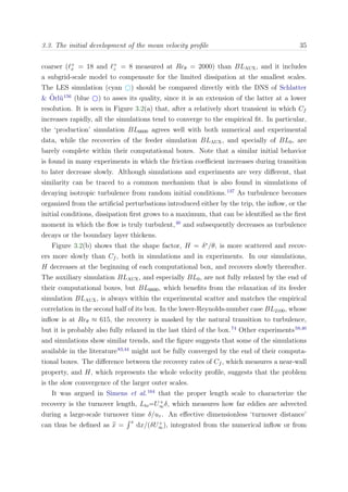 3.3. The initial development of the mean velocity proﬁle 35
coarser ( +
x = 18 and +
z = 8 measured at Reθ = 2000) than BLAUX, and it includes
a subgrid-scale model to compensate for the limited dissipation at the smallest scales.
The LES simulation (cyan ) should be compared directly with the DNS of Schlatter
& ¨Orl¨u156
(blue ) to asses its quality, since it is an extension of the latter at a lower
resolution. It is seen in Figure 3.2(a) that, after a relatively short transient in which Cf
increases rapidly, all the simulations tend to converge to the empirical ﬁt. In particular,
the ‘production’ simulation BL6600 agrees well with both numerical and experimental
data, while the recoveries of the feeder simulation BLAUX, and specially of BL0, are
barely complete within their computational boxes. Note that a similar initial behavior
is found in many experiments in which the friction coeﬃcient increases during transition
to later decrease slowly. Although simulations and experiments are very diﬀerent, that
similarity can be traced to a common mechanism that is also found in simulations of
decaying isotropic turbulence from random initial conditions.137
As turbulence becomes
organized from the artiﬁcial perturbations introduced either by the trip, the inﬂow, or the
initial conditions, dissipation ﬁrst grows to a maximum, that can be identiﬁed as the ﬁrst
moment in which the ﬂow is truly turbulent,40
and subsequently decreases as turbulence
decays or the boundary layer thickens.
Figure 3.2(b) shows that the shape factor, H = δ∗
/θ, is more scattered and recov-
ers more slowly than Cf , both in simulations and in experiments. In our simulations,
H decreases at the beginning of each computational box, and recovers slowly thereafter.
The auxiliary simulation BLAUX, and especially BL0, are not fully relaxed by the end of
their computational boxes, but BL6600, which beneﬁts from the relaxation of its feeder
simulation BLAUX, is always within the experimental scatter and matches the empirical
correlation in the second half of its box. In the lower-Reynolds-number case BL2100, whose
inﬂow is at Reθ ≈ 615, the recovery is masked by the natural transition to turbulence,
but it is probably also fully relaxed in the last third of the box.74
Other experiments59,40
and simulations show similar trends, and the ﬁgure suggests that some of the simulations
available in the literature83,44
might not be fully converged by the end of their computa-
tional boxes. The diﬀerence between the recovery rates of Cf , which measures a near-wall
property, and H, which represents the whole velocity proﬁle, suggests that the problem
is the slow convergence of the larger outer scales.
It was argued in Simens et al.164
that the proper length scale to characterize the
recovery is the turnover length, Lto=U+
∞δ, which measures how far eddies are advected
during a large-scale turnover time δ/uτ . An eﬀective dimensionless ‘turnover distance’
can thus be deﬁned as x =
x
dx/(δU+
∞), integrated from the numerical inﬂow or from
 