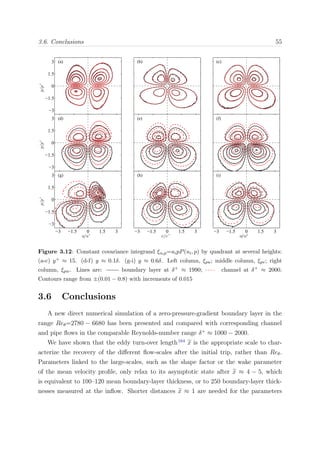 3.6. Conclusions 55p/p′
(a)
−3
−1.5
0
1.5
3 (b) (c)
p/p′
(d)
−3
−1.5
0
1.5
3 (e) (f)
p/p′
u/u′
(g)
−3 −1.5 0 1.5 3
−3
−1.5
0
1.5
3
v/v ′
(h)
−3 −1.5 0 1.5 3
w/w′
(i)
−3 −1.5 0 1.5 3
Figure 3.12: Constant covariance integrand ξuip=uipP(ui, p) by quadrant at several heights:
(a-c) y+ ≈ 15. (d-f) y ≈ 0.1δ. (g-i) y ≈ 0.6δ. Left column, ξpu; middle column, ξpv; right
column, ξpw. Lines are: boundary layer at δ+ ≈ 1990; channel at δ+ ≈ 2000.
Contours range from ±(0.01 − 0.8) with increments of 0.015
3.6 Conclusions
A new direct numerical simulation of a zero-pressure-gradient boundary layer in the
range Reθ=2780 − 6680 has been presented and compared with corresponding channel
and pipe ﬂows in the comparable Reynolds-number range δ+
≈ 1000 − 2000.
We have shown that the eddy turn-over length164
x is the appropriate scale to char-
acterize the recovery of the diﬀerent ﬂow-scales after the initial trip, rather than Reθ.
Parameters linked to the large-scales, such as the shape factor or the wake parameter
of the mean velocity proﬁle, only relax to its asymptotic state after x ≈ 4 − 5, which
is equivalent to 100–120 mean boundary-layer thickness, or to 250 boundary-layer thick-
nesses measured at the inﬂow. Shorter distances x ≈ 1 are needed for the parameters
 