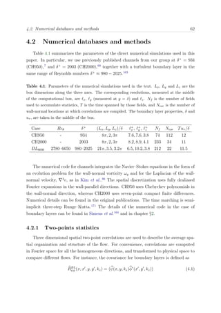 4.2. Numerical databases and methods 62
4.2 Numerical databases and methods
Table 4.1 summarizes the parameters of the direct numerical simulations used in this
paper. In particular, we use previously published channels from our group at δ+
= 934
(CH950),7
and δ+
= 2003 (CH2000),60
together with a turbulent boundary layer in the
same range of Reynolds numbers δ+
≈ 980 − 2025.163
Table 4.1: Parameters of the numerical simulations used in the text. Lx, Ly and Lz are the
box dimensions along the three axes. The corresponding resolutions, measured at the middle
of the computational box, are x, y (measured at y = δ) and z. Nf is the number of ﬁelds
used to accumulate statistics, T is the time spanned by those ﬁelds, and Ncor is the number of
wall-normal locations at which correlations are compiled. The boundary layer properties, δ and
uτ , are taken in the middle of the box.
Case Reθ δ+
(Lx, Ly, Lz)/δ +
x , +
y , +
z Nf Ncor Tuτ /δ
CH950 - 934 8π, 2, 3π 7.6, 7.6, 3.8 74 112 12
CH2000 - 2003 8π, 2, 3π 8.2, 8.9, 4.1 233 34 11
BL6600 2780–6650 980–2025 21π, 3.5, 3.2π 6.5, 10.2, 3.8 212 22 11.5
The numerical code for channels integrates the Navier–Stokes equations in the form of
an evolution problem for the wall-normal vorticity ωy and for the Laplacian of the wall-
normal velocity, 2
v, as in Kim et al..86
The spatial discretization uses fully dealiased
Fourier expansions in the wall-parallel directions. CH950 uses Chebychev polynomials in
the wall-normal direction, whereas CH2000 uses seven-point compact ﬁnite diﬀerences.
Numerical details can be found in the original publications. The time marching is semi-
implicit three-step Runge–Kutta.171
The details of the numerical code in the case of
boundary layers can be found in Simens et al.164
and in chapter §2.
4.2.1 Two-points statistics
Three dimensional spatial two-point correlations are used to describe the average spa-
tial organization and structure of the ﬂow. For convenience, correlations are computed
in Fourier space for all the homogeneous directions, and transformed to physical space to
compare diﬀerent ﬂows. For instance, the covariance for boundary layers is deﬁned as
RBL
ψφ (x, x , y, y , kz) = ψ(x, y, kz)φ∗
(x , y , kz) (4.1)
 