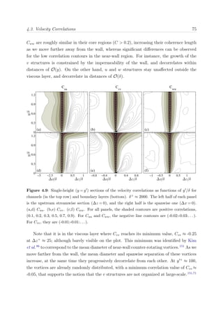4.3. Velocity Correlations 75
Cww are roughly similar in their core regions (C > 0.2), increasing their coherence length
as we move further away from the wall, whereas signiﬁcant diﬀerences can be observed
for the low correlation contours in the near-wall region. For instance, the growth of the
v structures is constrained by the impermeability of the wall, and decorrelates within
distances of O(y). On the other hand, u and w structures stay unaﬀected outside the
viscous layer, and decorrelate in distances of O(δ).
y/δ
(a)
Cuu
0
0.3
0.6
0.9
1.2
(b)
Cvv
(c)
Cww
y/δ
(d)
∆x/δ ∆z/δ
−5 −2.5 0 0.5 1
0
0.3
0.6
0.9
1.2
(e)
∆x/δ ∆z/δ
−0.8 −0.4 0 0.4 0.8
(f)
∆x/δ ∆z/δ
−1 −0.5 0 0.5 1
Figure 4.9: Single-height (y = y ) sections of the velocity correlations as functions of y /δ for
channels (in the top row) and boundary layers (bottom). δ+ ≈ 2000. The left half of each panel
is the upstream streamwise section (∆z = 0), and the right half is the spanwise one (∆x = 0).
(a,d) Cuu. (b,e) Cvv. (c,f) Cww. For all panels, the shaded contours are positive correlations,
(0.1, 0.2, 0.3, 0.5, 0.7, 0.9). For Cuu and Cww, the negative line contours are (-0.02:-0.03:. . . ).
For Cvv, they are (-0.01:-0.01:. . . ).
Note that it is in the viscous layer where Cvv reaches its minimum value, Cvv ≈ -0.25
at ∆z+
≈ 25; although barely visible on the plot. This minimum was identiﬁed by Kim
et al.86
to correspond to the mean diameter of near-wall counter-rotating vortices.151
As we
move farther from the wall, the mean diameter and spanwise separation of these vortices
increase, at the same time they progressively decorrelate from each other. At y +
≈ 100,
the vortices are already randomly distributed, with a minimum correlation value of Cvv ≈
-0.05, that supports the notion that the v structures are not organized at large-scale.151,71
 
