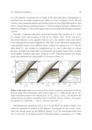 4.3. Velocity Correlations 76
Cww also presents a maximum for its length in the near-wall region, corresponding to
structures that are weakly correlated and visible as a “nose” in Figures 4.9(c,f). We will
see later, when comparing channel and boundary layers at several Reynolds numbers, that
this is a viscous feature, peaking around y +
≈ 15 and scaling in wall units. Following the
discussion of Figure 4.7, this would suggest that it is associated with the quasi-streamwise
vortices.
Secondly, a transition takes place around the boundary layer interface at y ≈ δ for
Cuu, Figure 4.9(d), and around y ≈ 0.6δ for Cvv, Figure 4.9(e). In the case of Cuu
the streaks alternate in the spanwise direction up to the interface, where they switch
to an upstream/downstream conﬁguration. This eﬀect is not observed in channel ﬂows,
most probably because of the diﬀerent nature of their core regions at y ≈ δ. On the
other hand, Cvv also switches its conﬁguration as Cuu, but it takes place at a lower
location. A similar but weaker eﬀect is observed for the channel, Figure 4.9(b), in which
an incomplete transition takes place around y ≈ 0.8δ. This phenomenom was already
noted when discussing the wall-parallel (xz) sections in Figure 4.7.
y ′
/δ
y/δ
(a)
0 0.5 1 1.5
0
0.5
1
1.5
2
y ′
/δ
(b)
0 0.5 1 1.5
y ′
/δ
(c)
0 0.5 1 1.5
Figure 4.10: Single-height (y=y ) sections of the velocity correlations as functions of y /δ for
channels (upper left) and boundary layers (bottom right) at δ+ ≈ 2000 and ∆x=∆z=0. The
ﬁgure is symmetric respect to the diagonal y=y . (a) Cuu, (b) Cvv, (c) Cww. For all panels, the
shaded contours are positive correlations (0.1,0.2, 0.3:0.2:0.9). For Cuu and Cww, the negative
line contours are (-0.02:-0.03:. . . ). For Cvv, they are (-0.01:-0.01:. . . ).
One-dimensional correlations C(y ; y) at x=x and ∆z=0 are shown in Figure 4.10,
which are symmetric in relation to the diagonal. Correlations for the u and v struc-
tures were already shown for the CH950 in Jim´enez et al.74
for wavelengths larger than
(λx, λz)=(3, 1.5)δ. In the present study the Reynolds number is increased to δ+
≈ 2000,
 
