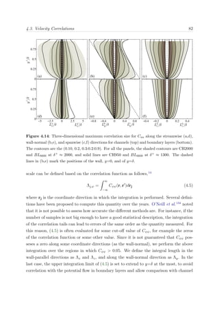 4.3. Velocity Correlations 82y′
/δ
(a)
0
0.25
0.5
0.75
(b) (c)
y′
/δ
(d)
Lu
x/δ Ld
x/δ
−5 −2.5 0 2.5 5
0
0.25
0.5
0.75
(e)
Lb
y/δ Lt
y/δ
−0.8 −0.4 0 0.4 0.8
(f)
Lh
z /δ Lh
z /δ
−0.4 −0.2 0 0.2 0.4
Figure 4.14: Three-dimensional maximum correlation size for Cuu along the streamwise (a,d),
wall-normal (b,e), and spanwise (c,f) directions for channels (top) and boundary layers (bottom).
The contours are the (0.10, 0.2, 0.3:0.2:0.9). For all the panels, the shaded contours are CH2000
and BL6600 at δ+ ≈ 2000, and solid lines are CH950 and BL6600 at δ+ ≈ 1300. The dashed
lines in (b,e) mark the positions of the wall, y=0, and of y=δ.
scale can be deﬁned based on the correlation function as follows,14
Λj,ψ =
∞
−∞
Cψψ(r, r )drj (4.5)
where rj is the coordinate direction in which the integration is performed. Several deﬁni-
tions have been proposed to compute this quantity over the years. O’Neill et al.134
noted
that it is not possible to assess how accurate the diﬀerent methods are. For instance, if the
number of samples is not big enough to have a good statistical description, the integration
of the correlation tails can lead to errors of the same order as the quantity measured. For
this reason, (4.5) is often evaluated for some cut-oﬀ value of Cψψ, for example the zeros
of the correlation function or some other value. Since it is not guaranteed that Cψψ pos-
seses a zero along some coordinate directions (as the wall-normal), we perform the above
integration over the regions in which Cψψ > 0.05. We deﬁne the integral length in the
wall-parallel directions as Λx and Λz, and along the wall-normal direction as Λy. In the
last case, the upper integration limit of (4.5) is set to extend to y=δ at the most, to avoid
correlation with the potential ﬂow in boundary layers and allow comparison with channel
 