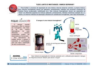 Ciências - 9.º Ano / 2.º BIMESTRE - 201425
Para facilitar o processo de separação de uma mistura, deve-se observar, primeiro, a própria mistura.
Nas misturas homogêneas devem ser aplicados, primeiramente, métodos que envolvam mudanças de
estados físicos (evaporação, solidificação etc.). Nas misturas heterogêneas, devem ser separadas as
“fases” (os diferentes aspectos da mistura) utilizando, primeiramente, métodos mecânicos (catação etc.) e,
depois, os mesmos métodos de separação utilizados em substâncias homogêneas, caso haja necessidade.
TUDO JUNTO E MISTURADO. VAMOS SEPARAR?
bolsa de sangue
doesanguebr.com
O sangue é uma mistura homogênea?
O sangue, quando
observado a olho nu, parece
ser homogêneo, mas trata-
se de uma mistura
heterogênea. As suas
diferentes porções
constituintes podem ser
observadas ao microscópio.
Nos laboratórios de
análise clínica, o sangue é
submetido à centrifugação
para que haja a separação
de seus componentes.
analiticaweb.com.br
aparelho de centrífuga para separação
do sangue
sangue centrifugado
Que método de separação de misturas, parecido com o utilizado para separar o sangue,
as máquinas de lavar utilizam para secar a roupa?
__________________________________________________________________________
AGORA,
É COM VOCÊ!!!
www.clika.me
Células sanguíneas
sangue
glóbulo
branco
plaqueta
glóbulo
vermelho
 