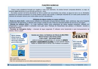 Ciências - 9.º Ano / 2.º BIMESTRE - 201445
ÓXIDOS
Óxido é toda substância formada por oxigênio e mais outro elemento. Os óxidos formam compostos binários, ou seja, só
possuem dois elementos na sua fórmula química (bi - dois).
Os óxidos ocorrem de forma abundante na Terra e podem ser encontrados nas rochas, na água do mar e no ar. Atividades
extrativas de minérios acontecem no mundo desde a época mais remota. A obtenção industrial de um óxido pode acontecer por
métodos de extração natural, pois muitos deles ocorrem naturalmente.
Utilidades de alguns óxidos no nosso cotidiano
- Óxido de cálcio (CaO) – sólido branco utilizado na construção civil para fabricar cimento, tijolo, cerâmicas. Age como fungicida
e bactericida. Na agricultura, é utilizado para corrigir a acidez do solo. Pode ser chamado também de cal viva ou cal virgem.
- Dióxido de carbono (CO2) – é o gás carbônico obtido como subproduto de várias reações industriais. Utilizado em
refrigerantes e quando sólido é conhecido como gelo seco. Participa da fotossíntese das plantas e é liberado durante a
respiração aeróbica.
- Peróxido de hidrogênio (H2O2) – chamado de água oxigenada. É utilizado como bactericida e para branqueamento de
cabelos, fibras e papel.
FUNÇÕES QUÍMICAS
Assista aos vídeos do Detetives da Ciência da MULTIRIO:
Menos fumaça e Que tempo doido!
e leia o texto - Que tempo Doido!
sobre as causas e consequências do excesso do EFEITO
ESTUFA e AQUECIMENTO GLOBAL no nosso planeta. Depois,
realize um debate sobre os temas. Seu Professor vai auxiliá-lo.
______________________________________________________
______________________________________________________
______________________________________________________
______________________________________________________
______________________________________________________
______________________________________________________
______________________________________________________
______________________________________________________
Sites sugeridos:
http://www.multirio.rj.gov.br/
http://chc.cienciahoje.uol.com.br/o-efeito-estufa-diante-de-seus-olhos-2/
www.multirio.rj.gov.b
 