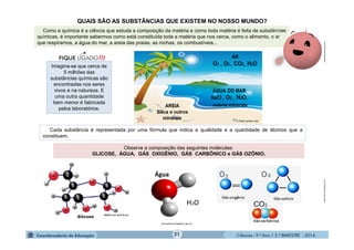 Ciências - 9.º Ano / 2.º BIMESTRE - 201421
Como a química é a ciência que estuda a composição da matéria e como toda matéria é feita de substâncias
químicas, é importante sabermos como está constituída toda a matéria que nos cerca, como o alimento, o ar
que respiramos, a água do mar, a areia das praias, as rochas, os combustíveis...
QUAIS SÃO AS SUBSTÂNCIAS QUE EXISTEM NO NOSSO MUNDO?
Imagina-se que cerca de
5 milhões das
substâncias químicas são
encontradas nos seres
vivos e na natureza. E
uma outra quantidade
bem menor é fabricada
pelos laboratórios.
Observe a composição das seguintes moléculas:
GLICOSE, ÁGUA, GÁS OXIGÊNIO, GÁS CARBÔNICO e GÁS OZÔNIO.
Cada substância é representada por uma fórmula que indica a qualidade e a quantidade de átomos que a
constituem.
Gás oxigênio Gás ozônio
spiriquitos.wordpress.commoleculestothemax.com
 