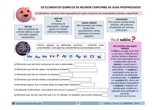Ciências - 9.º Ano / 2.º BIMESTRE - 201427
OS ELEMENTOS QUÍMICOS SE REÚNEM CONFORME AS SUAS PROPRIEDADES
HIDROGÊNIO
Por possuir características
próprias, não pode ser
enquadrado em nenhum
outro grupo.
METAIS
Bons condutores de
corrente elétrica e calor,
com brilho metálico
característico.
AMETAIS
Maus
condutores de
eletricidade, coloração
opaca e no estado
sólido se fragmentam.
Os elementos químicos foram agrupados em quatro conjuntos com propriedades próprias e específicas.
GASES NOBRES
São chamados de nobres
porque são,
quimicamente, inertes
(participam de poucas
reações).
Vamos agrupar os elementos químicos, conforme suas
propriedades. Leia algumas características apresentadas acima.
a) Elementos que são bons condutores de calor e eletricidade.
b) Elementos que formam gases à temperatura ambiente.
c) Elementos que não se misturam na natureza.
d) Elementos que formam sólidos à temperatura ambiente.
e) Elementos opacos que no estado sólido se fragmentam facilmente.
f) Analisando os elementos, você saberia reuni-los em 3 grupos?
g) Elemento que, por ser mais leve que o ar, foi utilizado, no passado, para encher dirigíveis.
APLICAÇÕES DOS GASES
NOBRES
O hélio é um gás muito leve
e, por isso, é utilizado para
encher balões e dirigíveis.
O tom roxo-alaranjado da luz
emitida pelos tubos de
neônio é usado para a
fabricação de indicadores
publicitários. O argônio é
empregado como gás de
enchimento em lâmpadas
incandescentes. O criptônio
e o xenônio têm como uso
principal flashes fotográficos.
O radônio é utilizado em
radioterapia, contido em
cápsulas para aplicação no
paciente.
http://www.usp.br/quimica
moleculestothemax.com
moleculestothemax.com
 