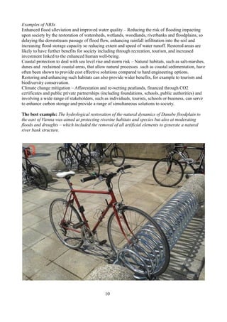 Examples of NBSs
Enhanced flood alleviation and improved water quality – Reducing the risk of flooding impacting
upon society by the restoration of watersheds, wetlands, woodlands, riverbanks and floodplains, so
delaying the downstream passage of flood flow, enhancing rainfall infiltration into the soil and
increasing flood storage capacity so reducing extent and speed of water runoff. Restored areas are
likely to have further benefits for society including through recreation, tourism, and increased
investment linked to the enhanced human well-being.
Coastal protection to deal with sea level rise and storm risk – Natural habitats, such as salt-marshes,
dunes and reclaimed coastal areas, that allow natural processes such as coastal sedimentation, have
often been shown to provide cost effective solutions compared to hard engineering options.
Restoring and enhancing such habitats can also provide wider benefits, for example to tourism and
biodiversity conservation.
Climate change mitigation – Afforestation and re-wetting peatlands, financed through CO2
certificates and public private partnerships (including foundations, schools, public authorities) and
involving a wide range of stakeholders, such as individuals, tourists, schools or business, can serve
to enhance carbon storage and provide a range of simultaneous solutions to society.
The best example: The hydrological restoration of the natural dynamics of Danube floodplain to
the east of Vienna was aimed at protecting riverine habitats and species but also at moderating
floods and droughts – which included the removal of all artificial elements to generate a natural
river bank structure.
10
 
