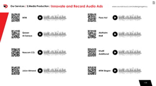 108108
MTM Pizza Hut
Nascom CO.
Khafif
Additional
Juice Almarai MTM Slogan
Qasser
Al-Saraya
Alothaim
Mall
www.soundcloud.com/wdesignagencyOur Services / 2.Media Production / Innovate and Record Audio Ads
 