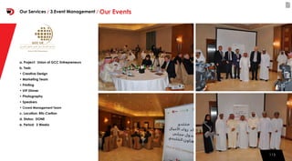 113113
a. Project: Union of GCC Entrepreneurs
b. Task:
• Creative Design
• Marketing Team
• Printing
• VIP Dinner
• Photography
• Speakers
• Crowd Management Team
c. Location: Ritz-Carlton
d. Status: DONE
e. Period: 2 Weeks
Our Services / 3.Event Management / Our Events
 