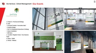 117117
a. Project 3: The Second Strategy
b. Task:
• Concept Creation “Innovative Idea”
• Creative Design
• Full P.O.S Materials (Production & Printing)
• Indoor Installation
• Gift Items
c. Location: Kingdom Tower / Four Seasons
Hotel
d. Status: DONE
e. Period: 4 Weeks
Our Services / 3.Event Management / Our Events
 