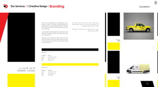 33
Colors can be an important part of any publication or pres-
entation. it reinforces a company’s image and becomes an
identifiable part of a company identity and brand. colour also
sets a visual tone and used incorrectly may destroy the integ-
rity of a message.
A colour palette has been developed and should be used in all
collateral. To maintain consistency, the colour palette should
not be deviated from.
The colours may be screened to a lighter shade, for instance
when text is placed over them, however, the logos must never
be screened. always use the solid version, or the black and white
or reversed out version.
dark black
PANTONE BLACK C
CMYK 0 C, 0 M, 0 Y, 100 K
RGB 35 R, 31 G, 32 B
RGB HEX 231F20
bright yellow
PANTONE YELLOW C
CMYK 0 C, 0 M, 100 Y, 0 K
RGB 255 R, 242 G, 0 B
RGB HEX FFF200
PRIMARY COLORS
3333
GuidelineOur Services / 1.Creative Design / Branding
 