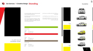 34
The secondary color palette is made up of colors that have been
chosen to complement the primary colors.
The secondary colour palette should never dominate over the
primary colour palette.
They are used for design elements and headings or subhead-
ings on company applications such as publications, maps,
media handouts, and PowerPoint presentations. Solid colours
or any screen values may be used.
Bright yellow gold
Pantone 123
CMYK 0 C, 24 M, 94 Y, 0 K
RGB 255 R, 197 G, 38 B
Red
Pantone 1797
CMYK 0 C, 100 M, 99 Y, 4 K
RGB 227 R, 28 G, 35 B
Warm grey beige
Pantone Warm Gray 10
CMYK 0 C, 14 M, 28 Y, 55 K
RGB 138 R, 121 G, 103 B
SECONDARY COLORS
3434
GuidelineOur Services / 1.Creative Design / Branding
 
